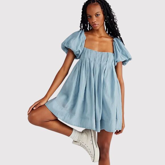 Free People Women Dress Blue Marina Mini Puffed Tie Back A Line Boho Chic Small - Picture 1 of 11